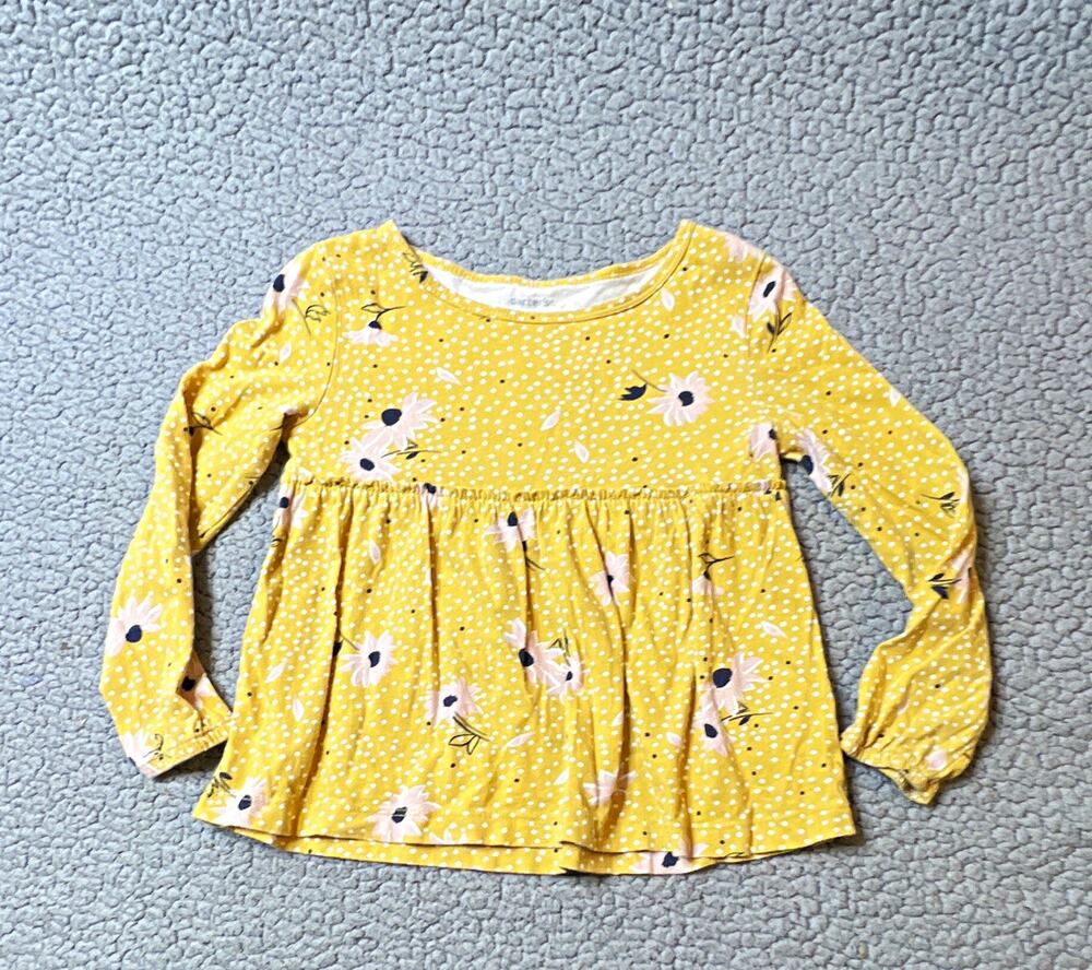Carter's Girls Yellow Floral Long Sleeve Cotton Tunic Top Size 4T Round Neck